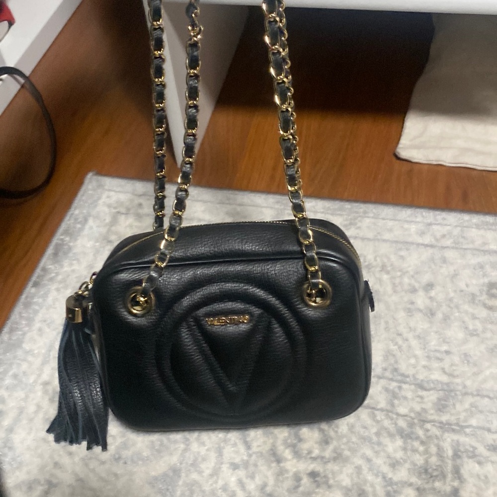 Mario Valentino Black Shoulder Bag with Gold Accents